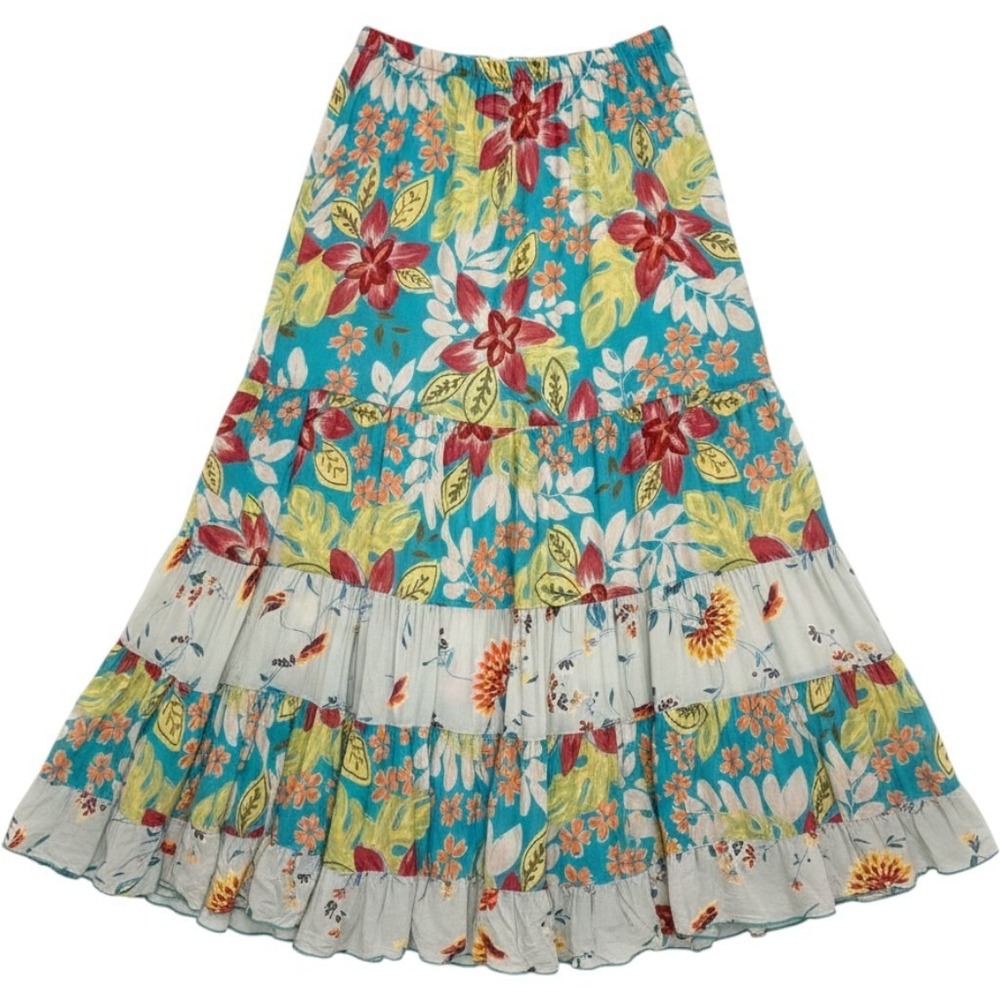 Boston Proper Floral Tiered Maxi Skirt Butterflies Med Patchwork Georgette Boho